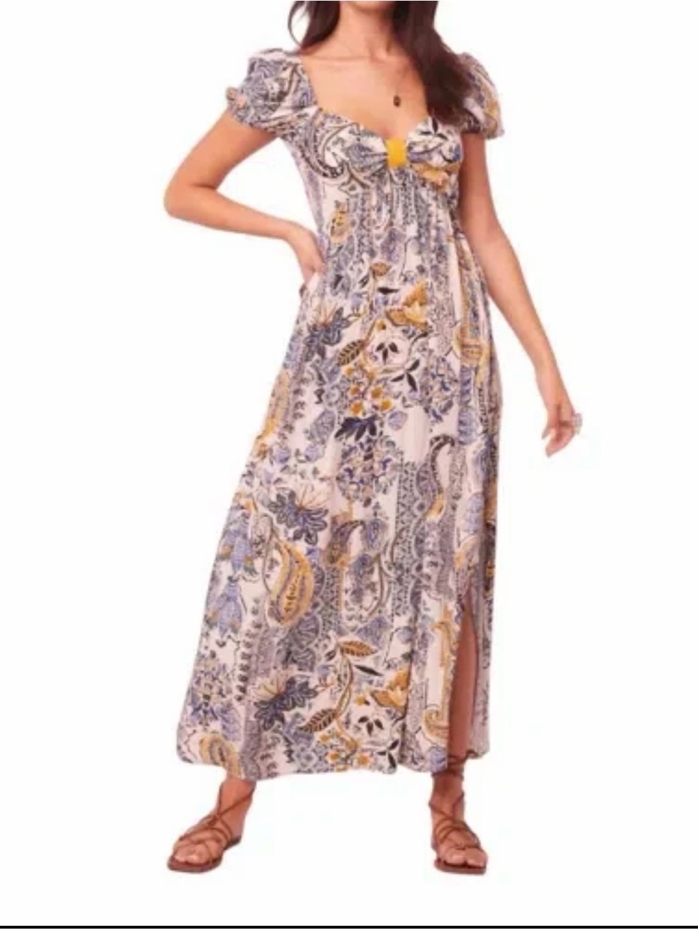 Paisley Print Maxi Dress in Cream, Blue, and Yellow